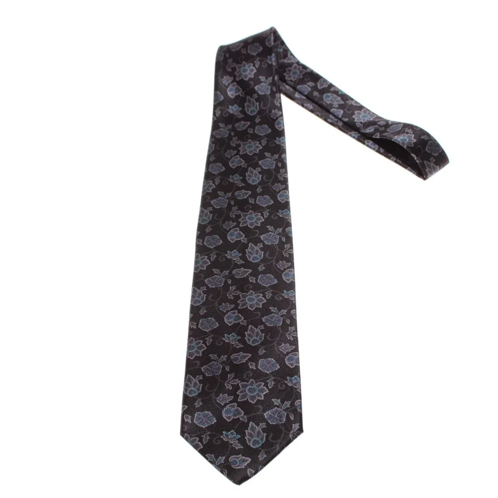 Brioni NWOT Neck Tie in Black with Gray & Blue Floral Print 100% Silk